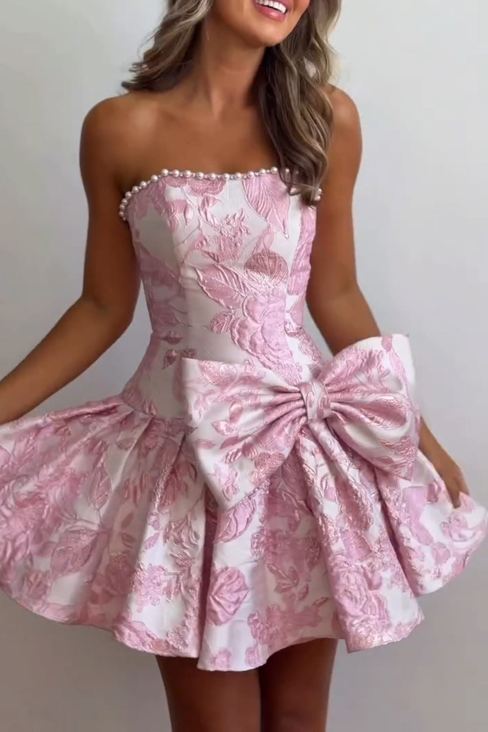 pink homecoming dress with bow A Line Strapless Jacquard Satin Dresses JP070610 – Jerseyprom This enchanting dress is perfect_for: Your Baby Shower Size:CUSTOM Semi Formal Wear Black