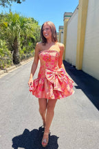 Coral A Line Jacquard Satin Strapless Homecoming Dress with Beading JP062206