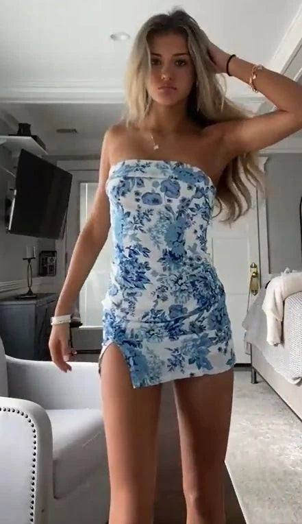 Tight Strapless Floral Satin Short Homecoming Dress JP082706