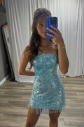 Tight Strapless Aqua Sequins Homecoming Dress with Beading JP070622