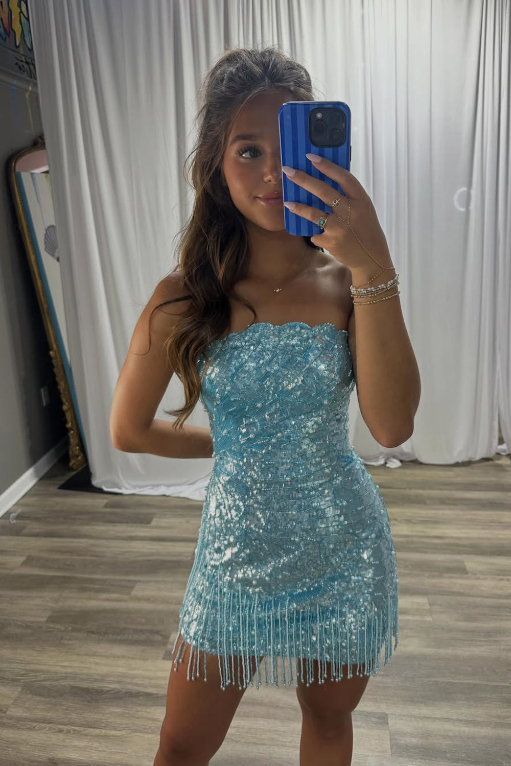 Tight Strapless Aqua Sequins Homecoming Dress with Beading JP070622