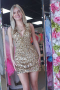 Gold Sequins V Neck Short Homecoming Dresses with Beading JP062209