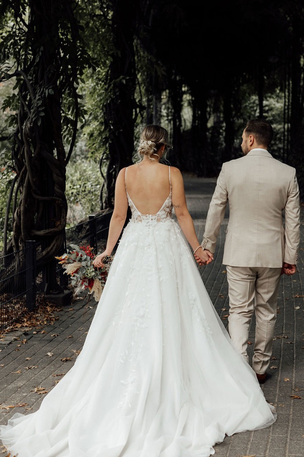A Line V Neck Tulle Wedding Dresses with 3D Flowers JP26070899
