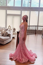 Mermaid V Neck Pink Lace Prom Dress JP070817