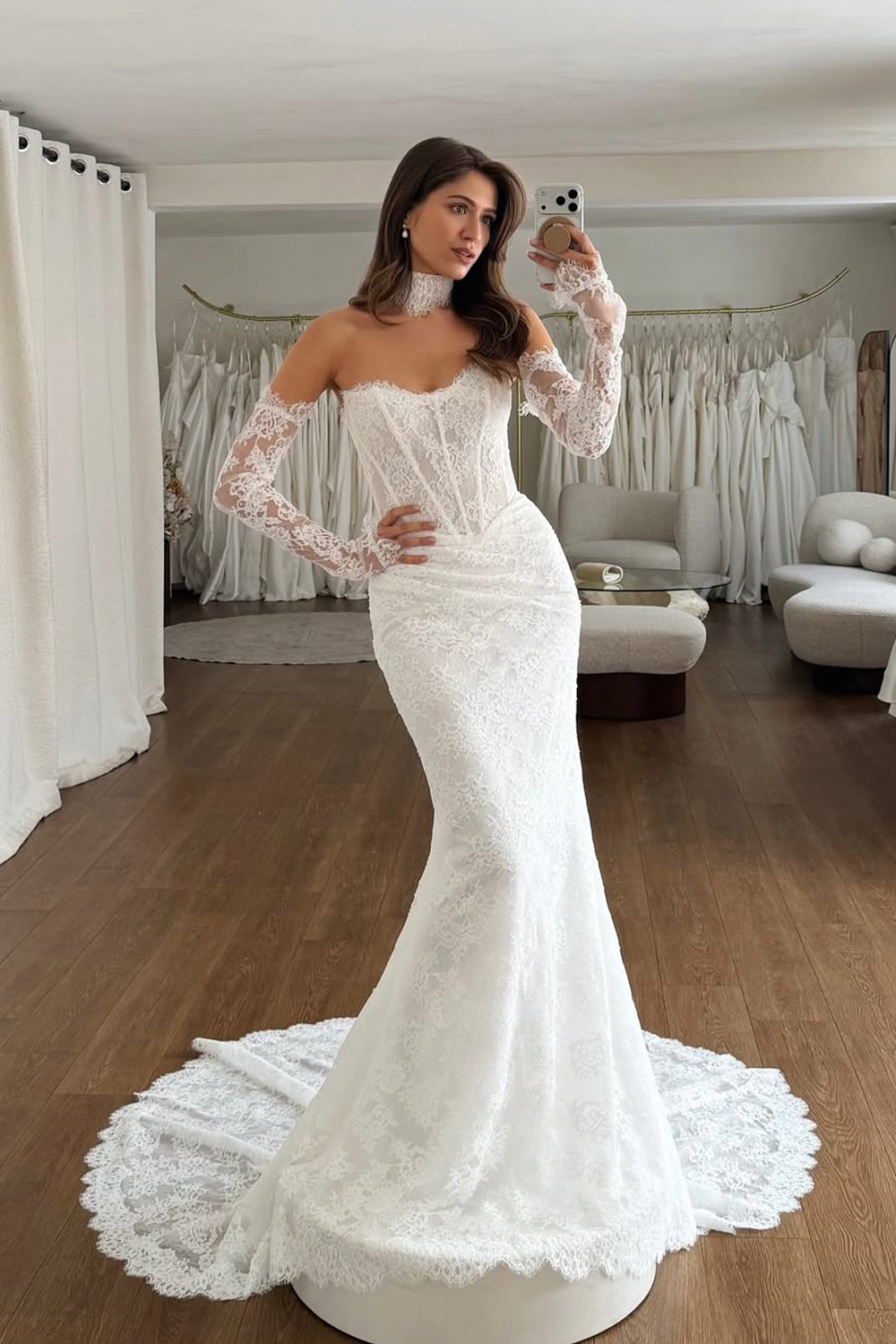 Boho Mermaid Strapless Lace Wedding Dresses with Sleeves JP070915