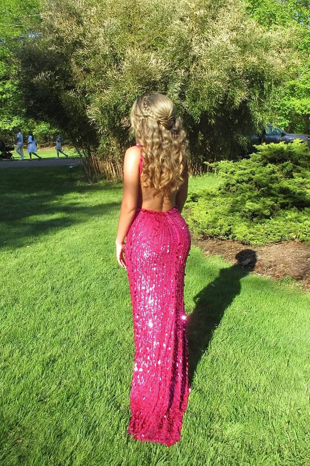 Fuchsia Sequins V Neck Long Prom Dress with Beading JP070837