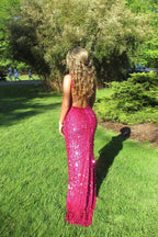 Fuchsia Sequins V Neck Long Prom Dress with Beading JP070837