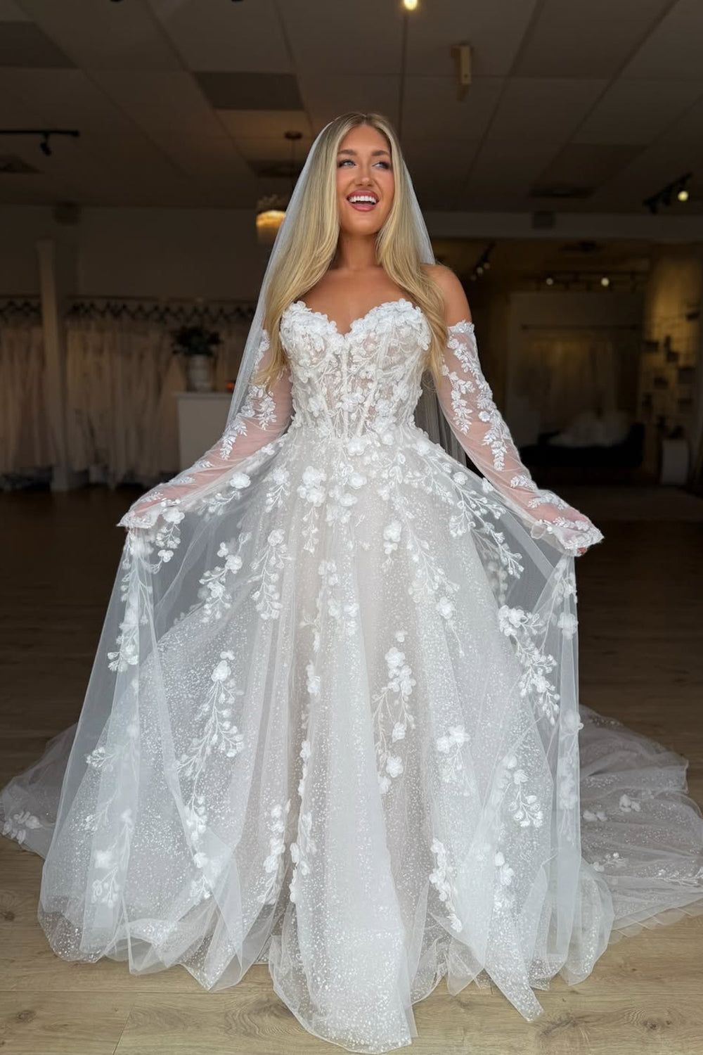 A Line Sweetheart Tulle Wedding Dresses with Appliques JP26070876