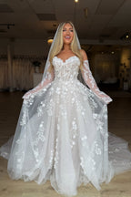 A Line Sweetheart Tulle Wedding Dresses with Appliques JP26070876