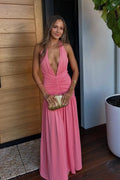 A Line V Neck Coral Stretch Satin Pleat Long Formal Evening Dress JP070810