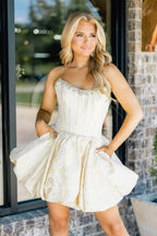 A Line Jacquard Satin Short Homecoming Dresses with Beading JP070631