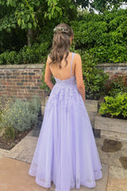 A Line V Neck Lavender Tulle Prom Dress with Appliques JP070820