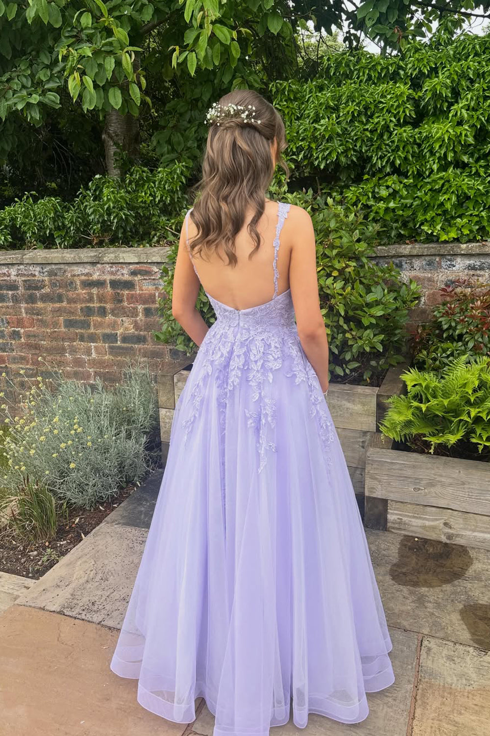 A Line V Neck Lavender Tulle Prom Dress with Appliques JP070820