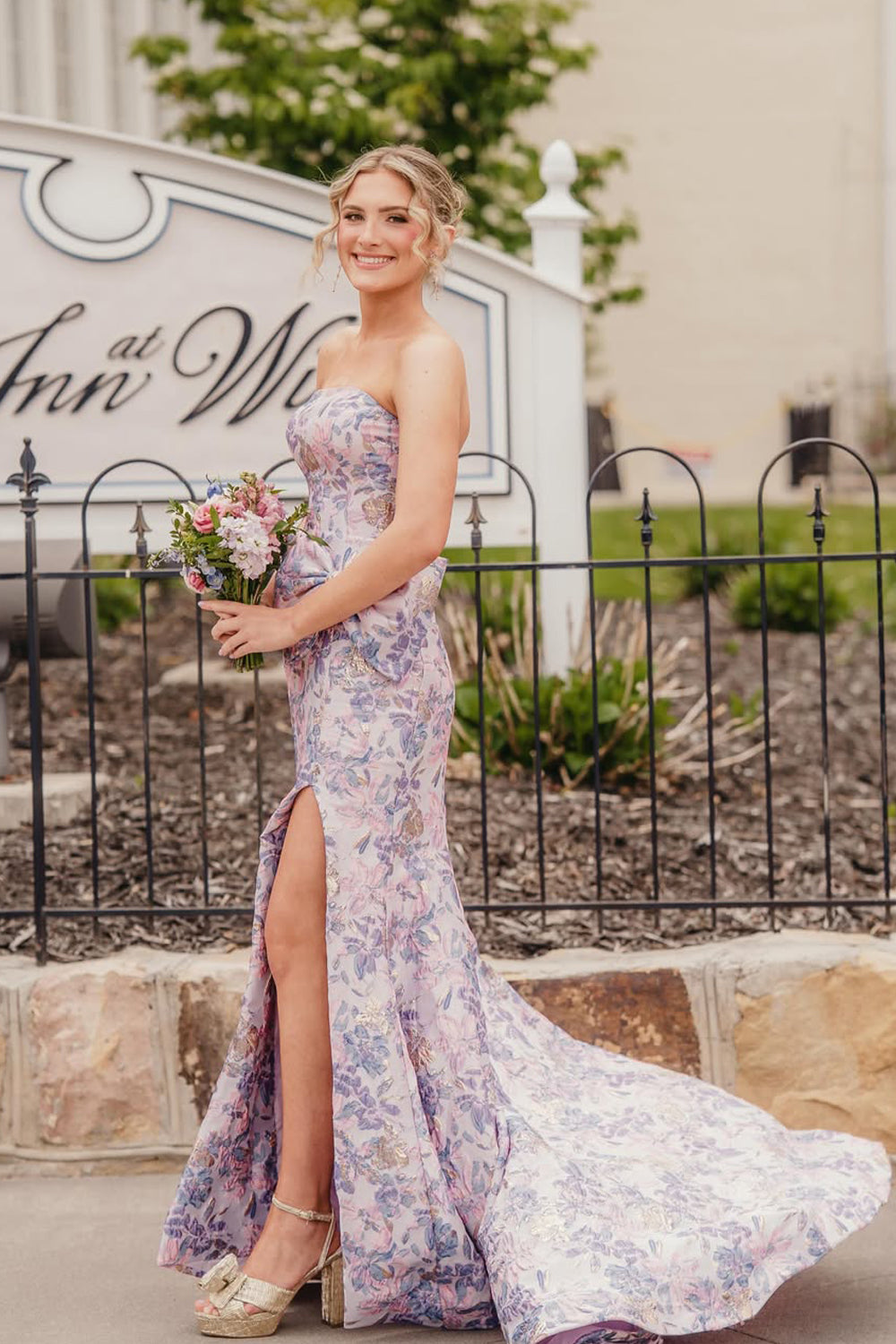 Unique Mermaid Strapless Jacquard Satin Long Prom Dress JP070850