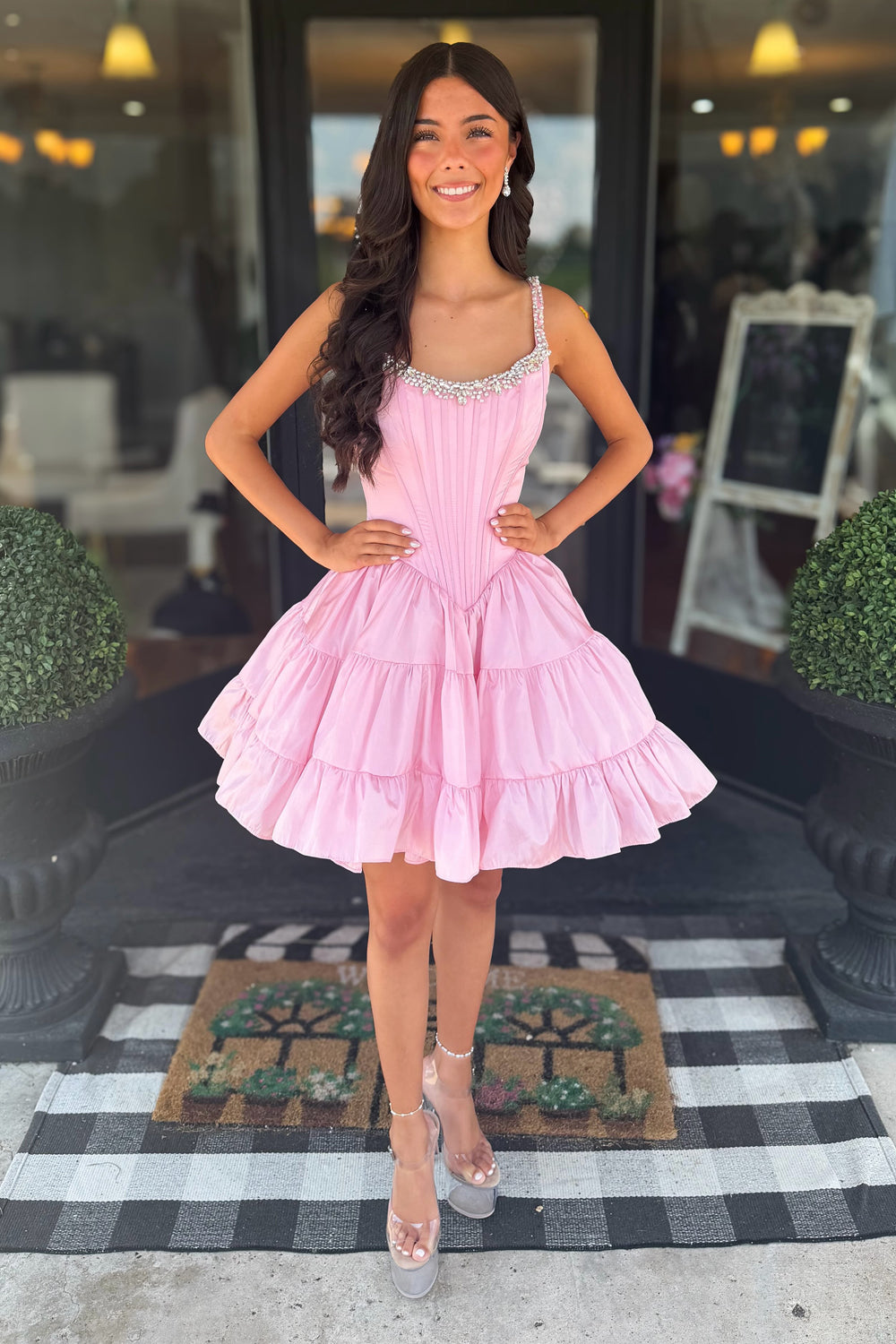A Line V Neck Light Pink Satin Homecoming Dresses with Beading JP071907