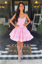 A Line V Neck Light Pink Satin Homecoming Dresses with Beading JP071907