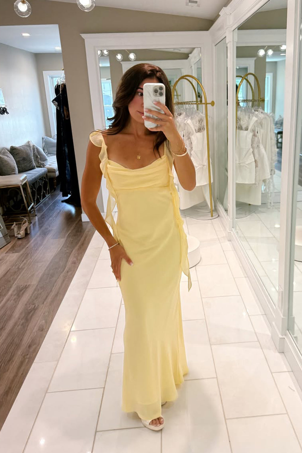 Sheath Mermaid Straps Yellow Chiffon Long Evening Party Dress JP070823