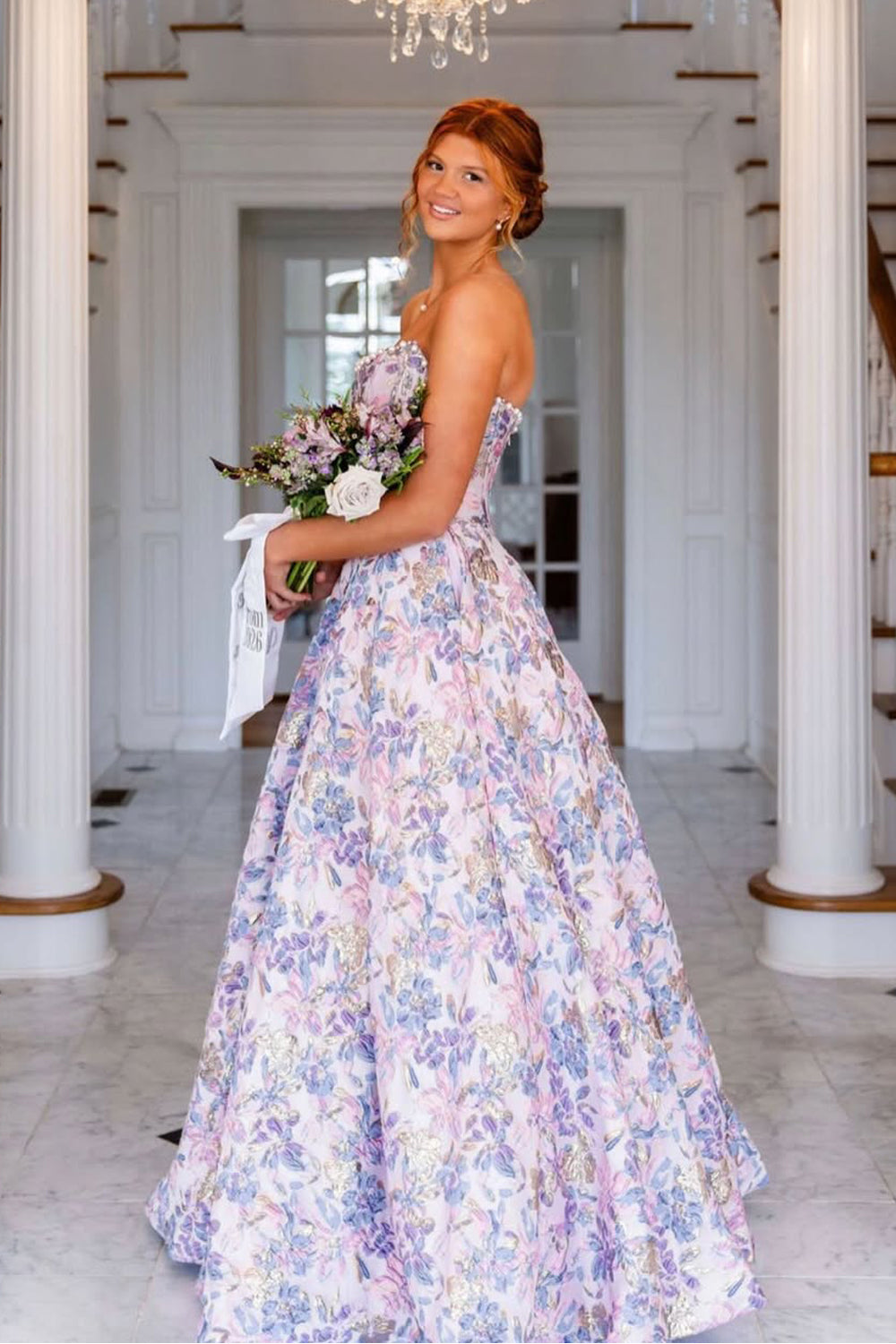 Lavender Jacquard Satin Prom Dress
