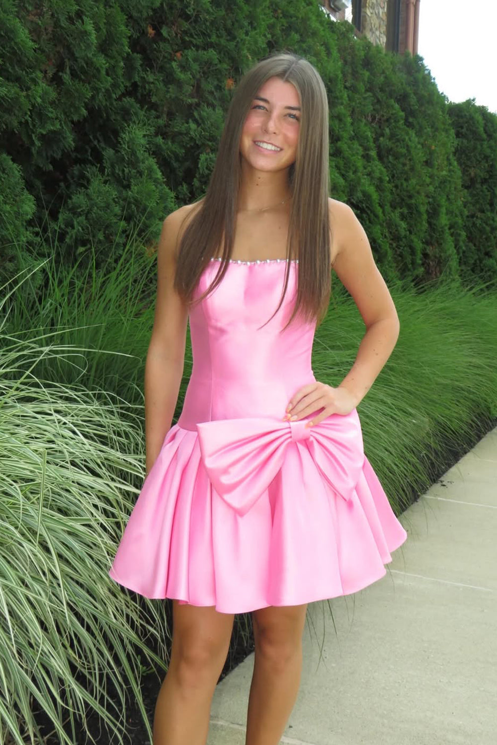 A Line Strapless Satin Short Homecoming Dresses with Beading JP070635