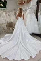 A Line Straps Satin Wedding Dresses with Train JP2607081