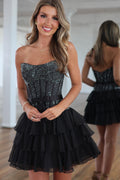 A Line Strapless Black Chiffon Tiered Homecoming Dresses with Hot Fix JP070647