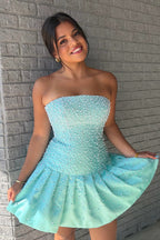 A Line Strapless Mint Satin Short Homecoming Dress with Beading JP072502