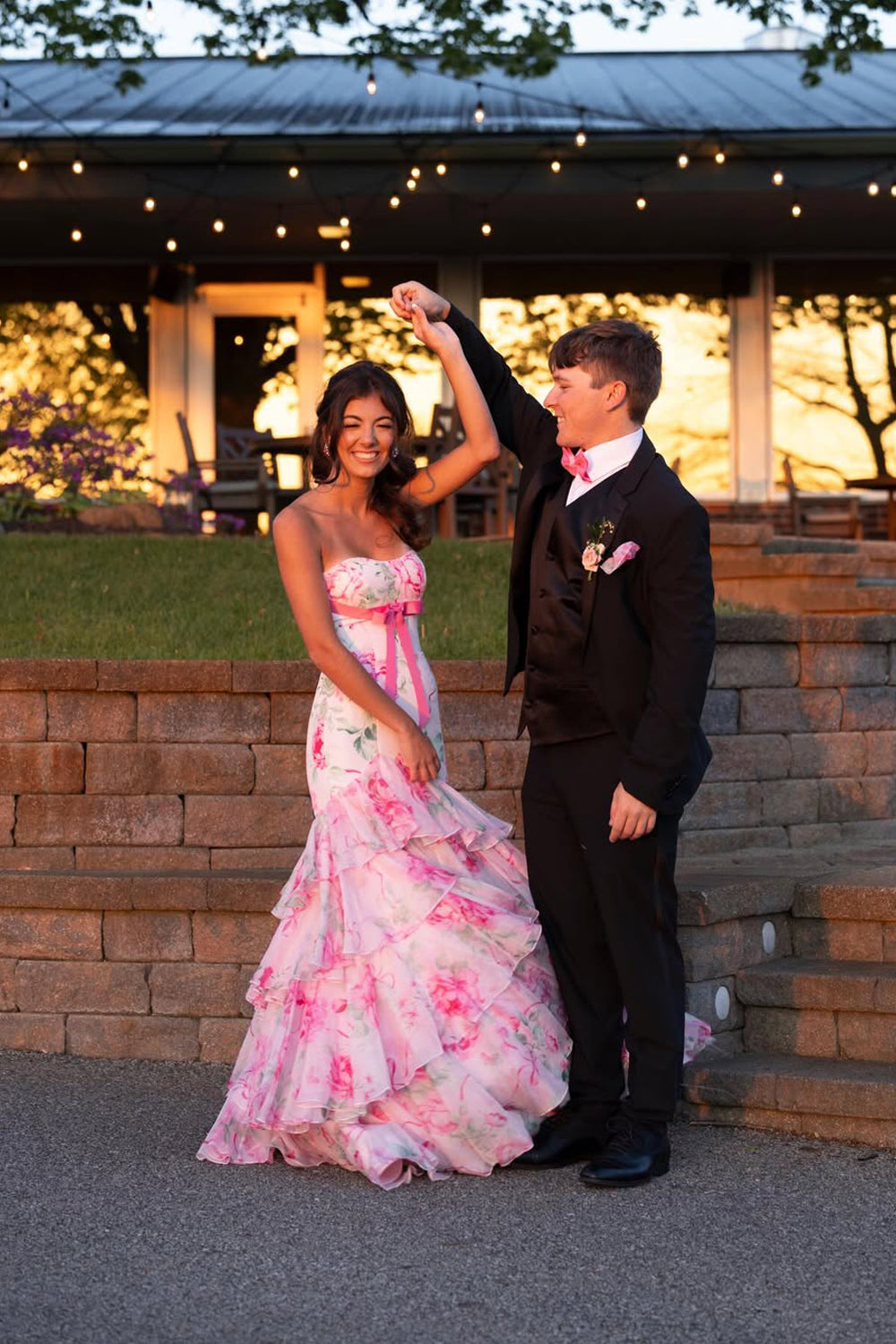 Sweet Mermaid Strapless Pink White Floral Long Prom Dress JP070858
