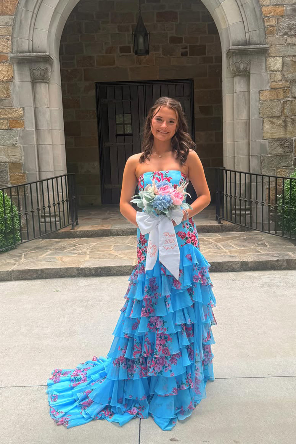Sheath Strapless Blue Floral Chiffon Tiered Long Prom Dress JP070831