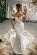 Mermaid Off the Shoulder Stretch Satin Wedding Dresses with Lace JP070888