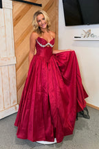 A Line Sweetheart Red Satin Prom Dresses with Beading JP072203