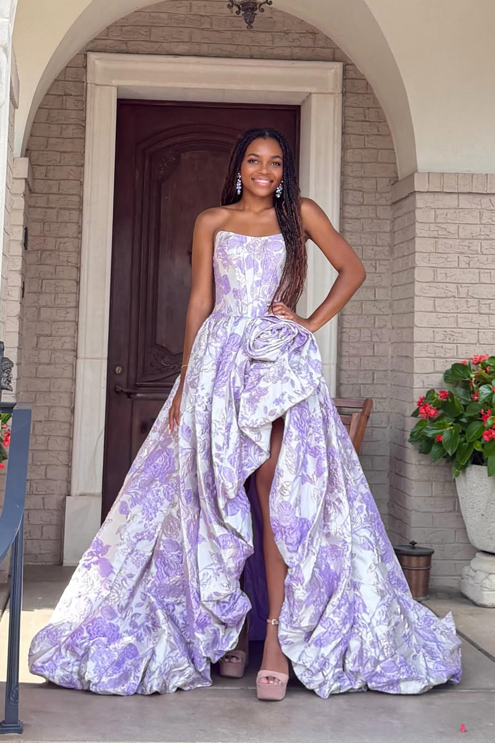 Stunning A Line Scoop Neck Jacquard Satin Prom Dress JP070812