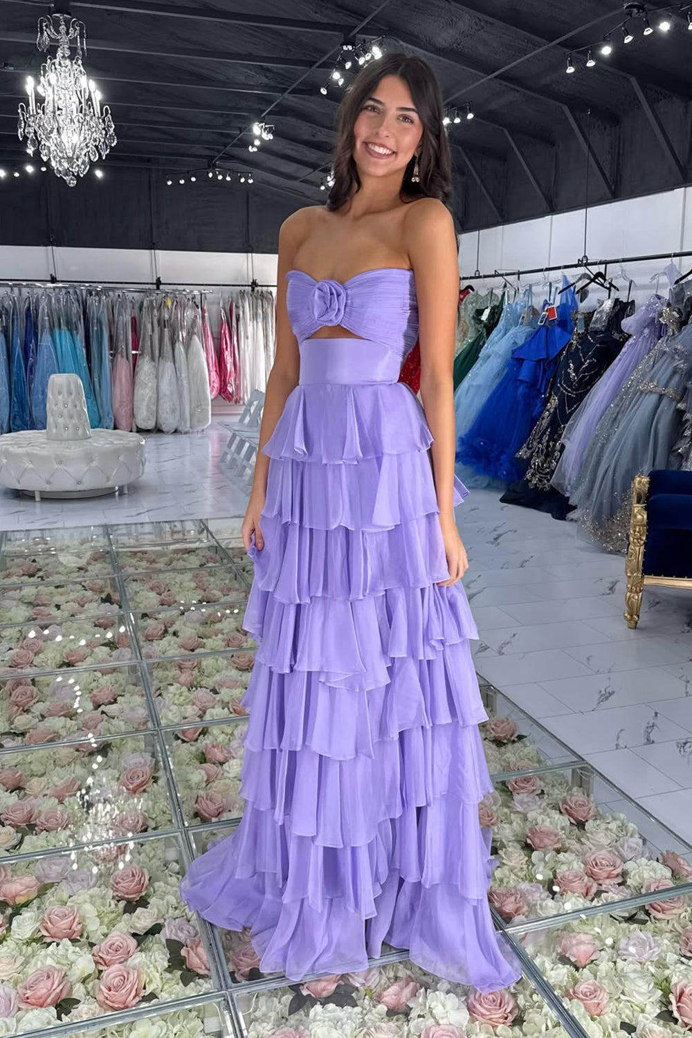 Sweet A Line Strapless Purple Chiffon Long Prom Dress JP070870