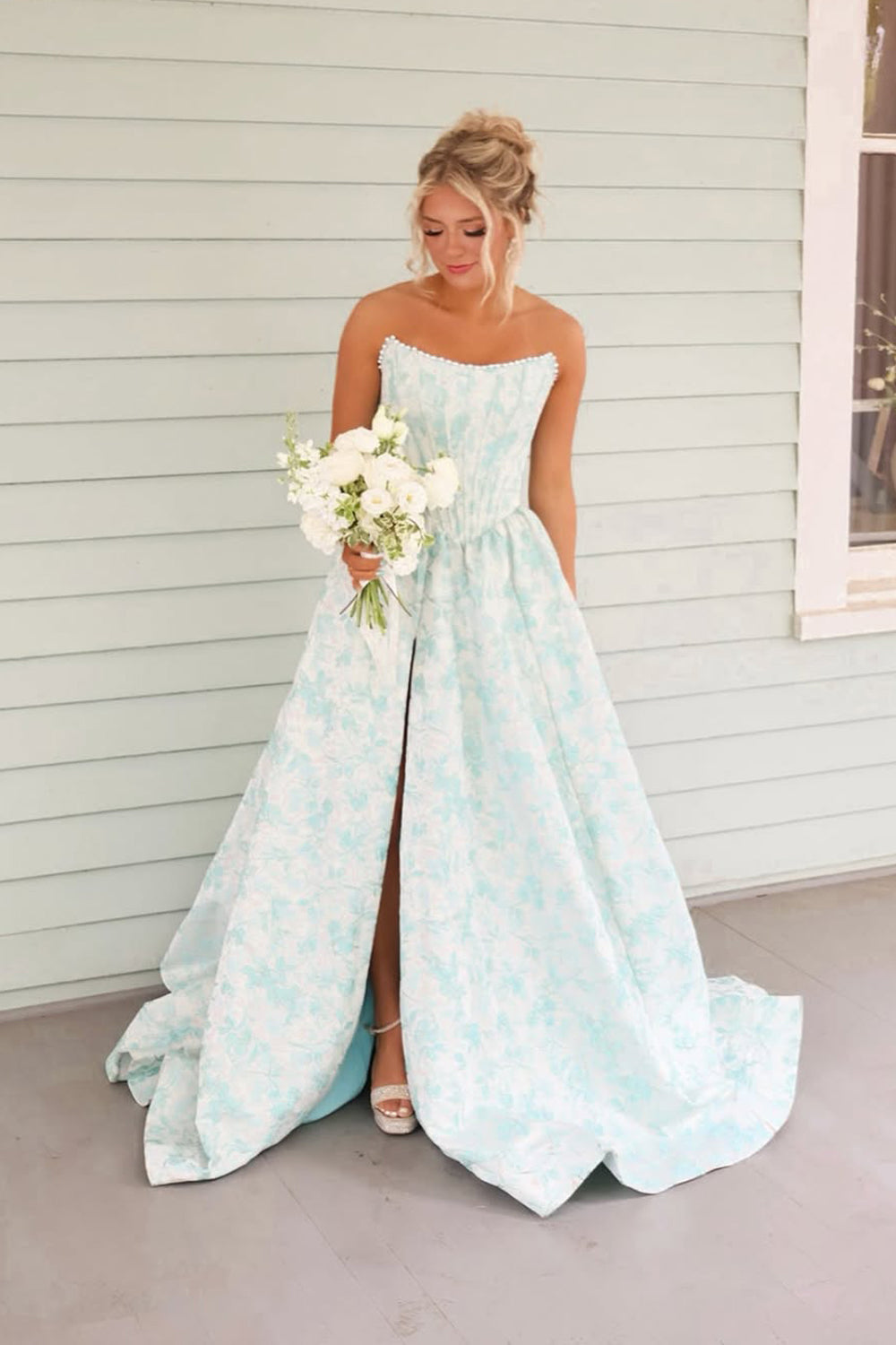 A Line Scoop Neck Jacquard Satin Long Prom Dress with Pearls JP070863