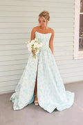 A Line Scoop Neck Jacquard Satin Long Prom Dress with Pearls JP070863