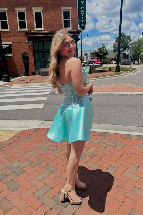 A Line Strapless Aqua Satin Short Homecoming Dresses with Beading JP070629