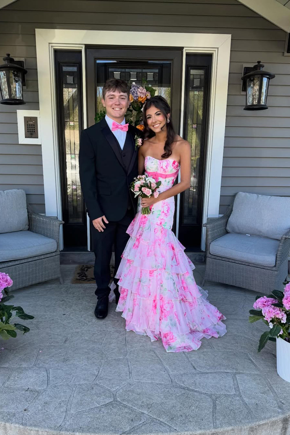 Mermaid Strapless White Pink Floral Prom Dress JP070865