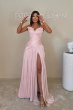 A Line Strapless Pink Pleat Long Evening Formal Dress JP070843