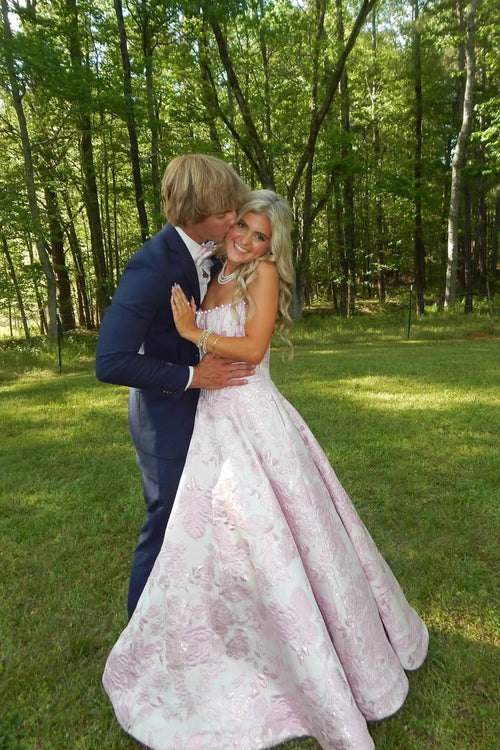 A Line Scoop Neck Pink Jacquard Satin Prom Dress with Beading JP070873