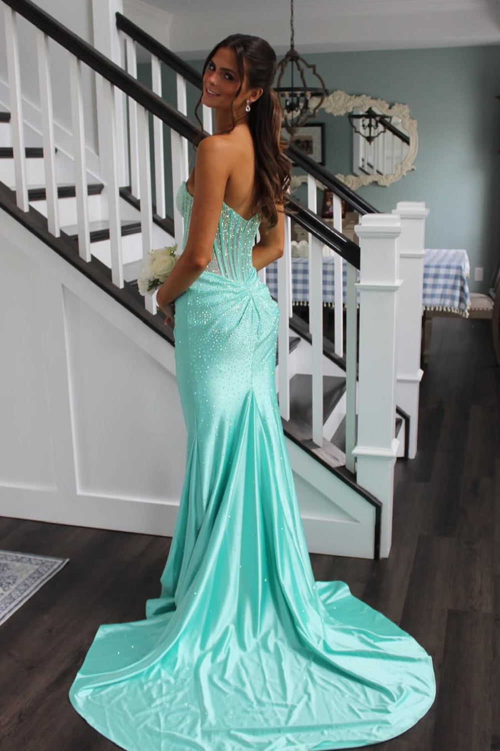 Sparkly Mermaid Mint Satin Long Prom Dress JP070821