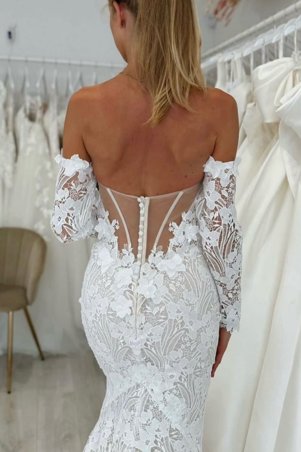 Gorgeus Mermaid Sweetheart Lace Long Sleeves Wedding Dresses JP071518