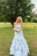 Fairy Mermaid Strapless White Blue Floral Prom Dress JP070852