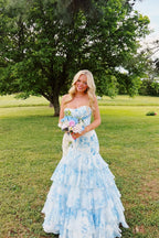 Fairy Mermaid Strapless White Blue Floral Prom Dress JP070852