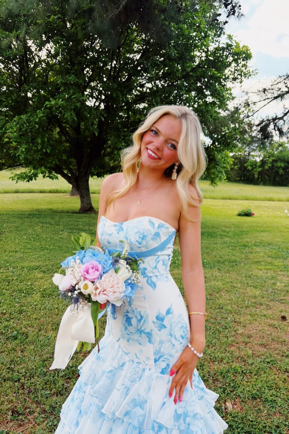 Fairy Mermaid Strapless White Blue Floral Prom Dress JP070852