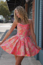 A Line Scoop Neck Coral Jacquard Satin Homecoming Dresses with Bow JP073103