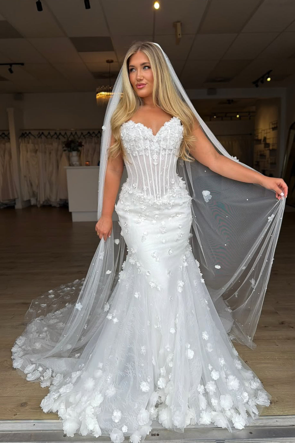 Mermaid Sweetheart Tulle Lace Wedding Dresses with 3D Flowers JP070904