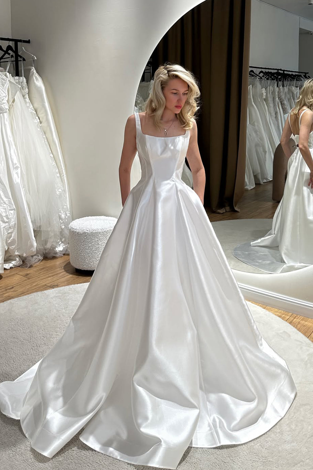 Pricess Square Neck Ball Gown Satin Wedding Dresses with Pockets JP26070891