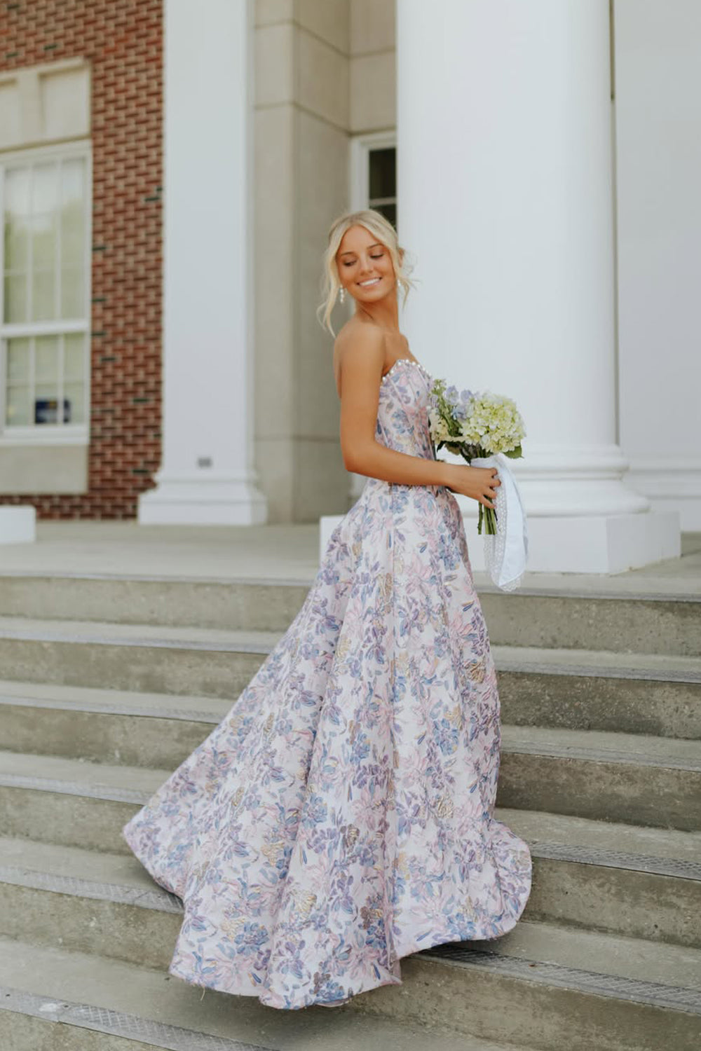 Pearls Beading Ball Gown Lavender Jacquard Satin Long Prom Dress JP070832