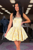 Yellow Jacquard Satin A Line Scoop Neck Homecoming Dresses with Beading JP062302