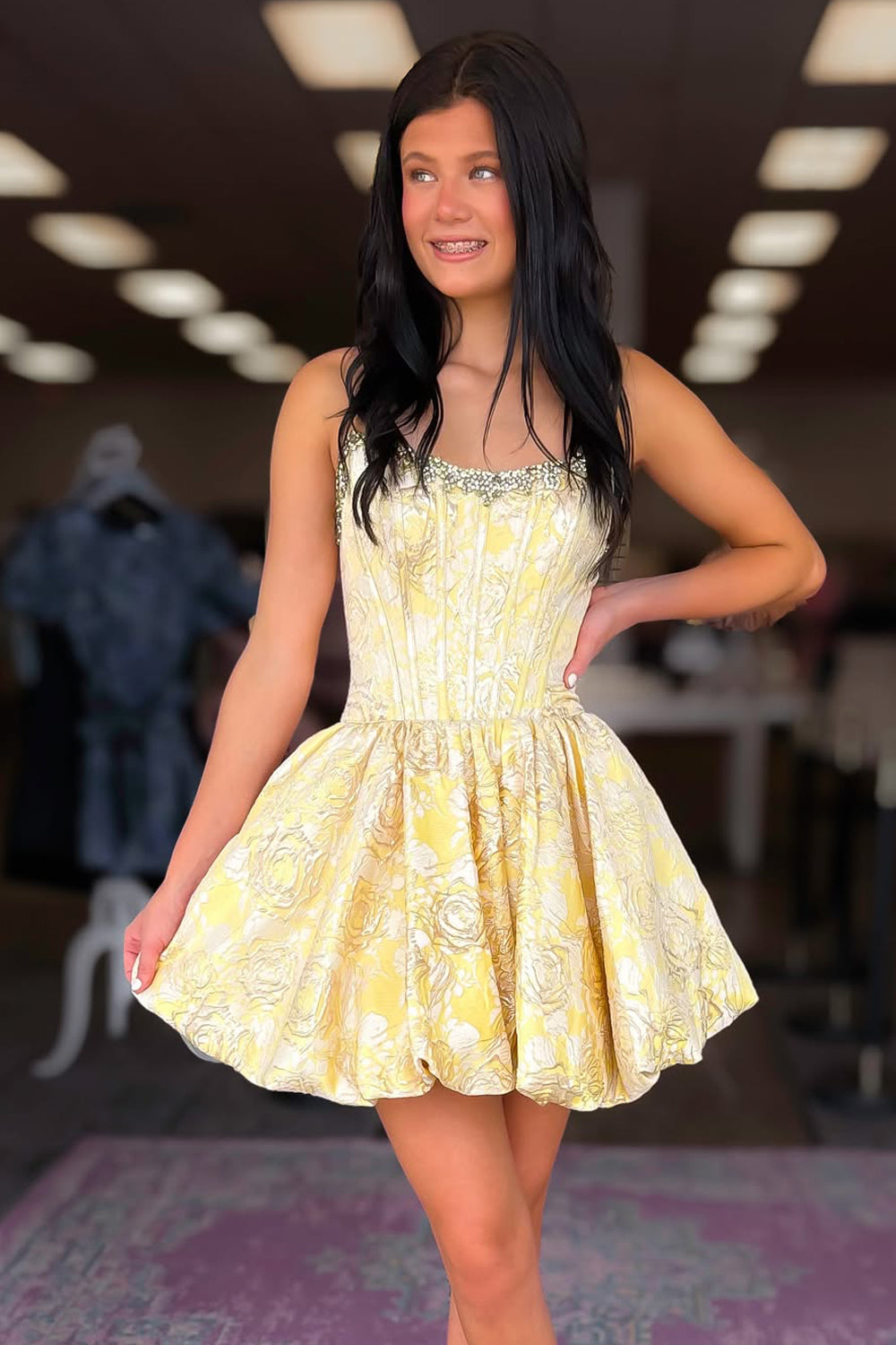 Yellow Jacquard Satin A Line Scoop Neck Homecoming Dresses with Beading JP062302