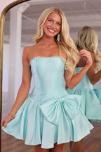 A Line Strapless Mint Satin Short Homecoming Dresses with Beading JP072201